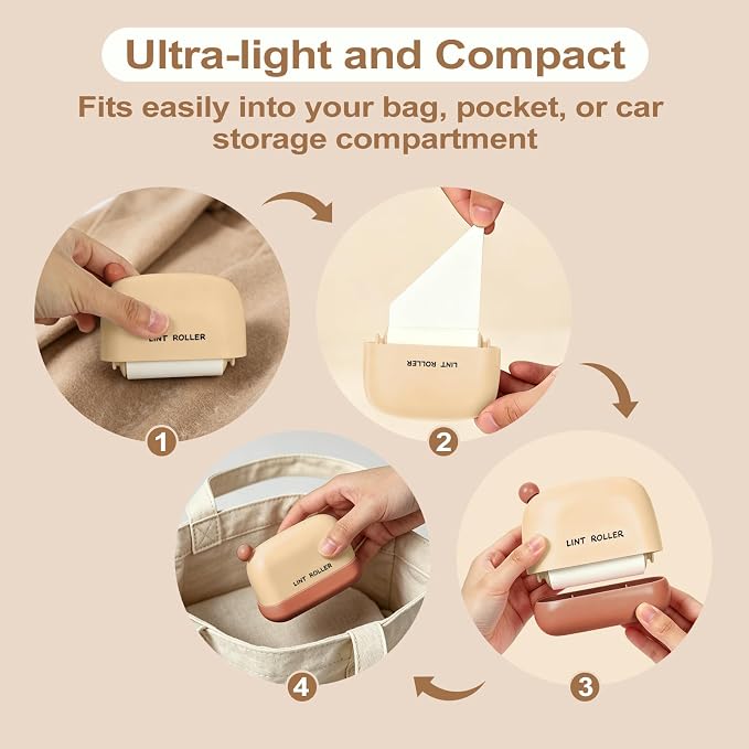 Disposable Mini Lint Roller with 4 Refills, CreamyYellow | Portable, Easy Tear Residue-Free, Pocket-Sized for Travel Clothes, Furniture, Carpets, Pet Hair Remover, Fits in Wallet Bag