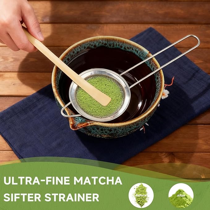 7-Pcs Matcha Whisk Set, Ceramic Matcha Set, Includes Matcha Bowl, Matcha Whisk, Chasen Holder, Bamboo Scoop, Scoop Rest, Stainless Sifter, Tea Towel, Matcha Kit for Matcha Tea Ceremony