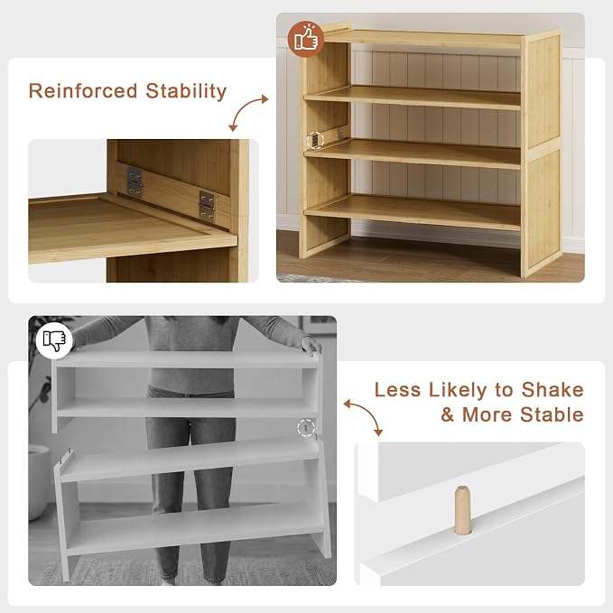 2 Tier Bamboo Shoe Rack, Compact Wood Shelf for Closet | Fits small corners. 6.7in height holds sneakers & heels. Multi-use for entryway, bathroom, kitchen.