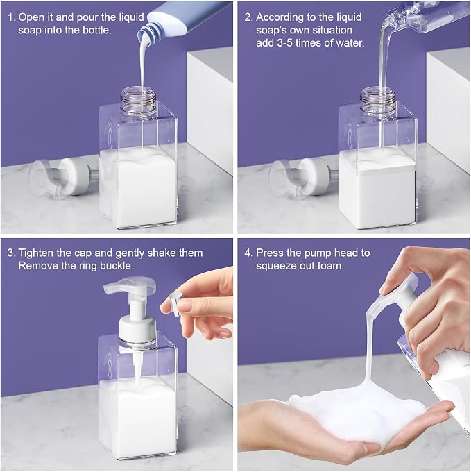 Kzeirm Foaming Soap Dispenser for Bathroom & Kitchen 15 Oz, Refillable Foam Hand Soap Dispenser for Liquid Soap, 2Pcs Foam Pump Bottle with Waterproof Labels, Clear