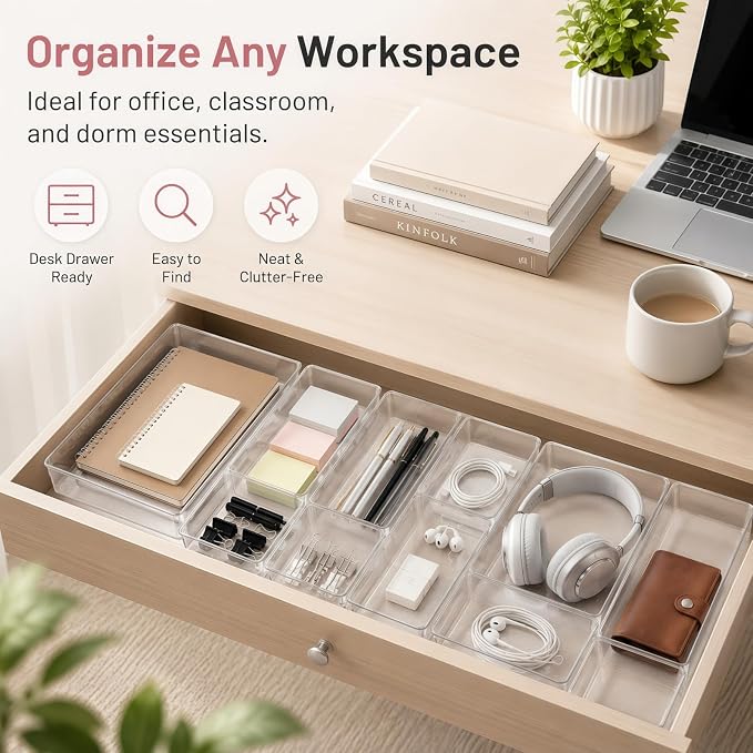 Drawer Organizer, 10 Pack Large Clear Plastic Organizer Bins 5 Sizes, Versatile Bathroom Drawer Trays, Heavy Duty Non‑Slip Drawer Dividers for Makeup, Office & Kitchen Utensils
