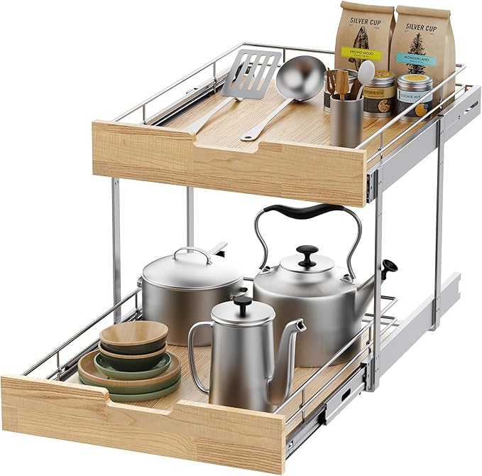 Sikarou Pull Out Cabinet Organizer,Heavy-Duty Slide Out Shelf, Wood and Wire Basket, Pull Out Drawer for for Kitchen Under Sink Space, Pantry, Bathroom, 2 Tie 26 * 21 in