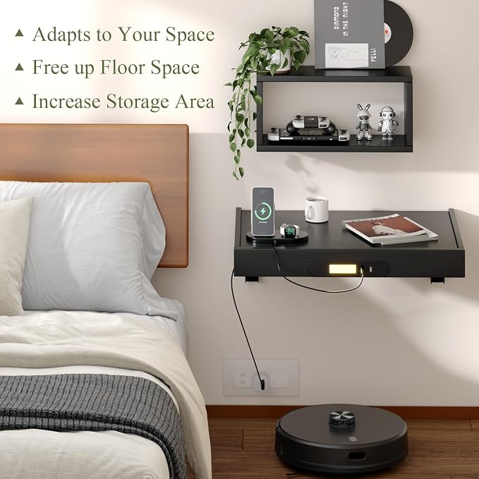 TEAMIX Floating Nightstand with Charging Station, Wall Mounted Folding Bedside Shelf Combo Nightstand with Led Light USB Type C Ports, Space Saving Bed Side Tray Storage for Bedroom, Living Room, Dorm