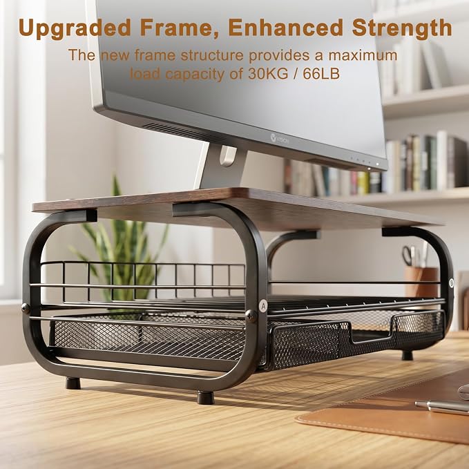Desk Organizers and Accessories Monitor Riser, Monitor Stand with Drawer (2-Tier Drawers) with Large Side Storage Rack & Cable Management,66LBS/30KG, Office Organization, Walnut Brown