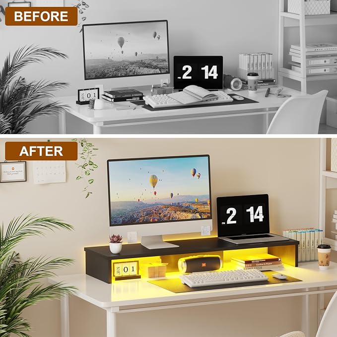 Qupui Dual Monitor Stand Riser for Desk with LED Lights, Large Computer Monitor Stand for 2 Monitors, Desk Shelf for Top of Desk, Desktop Organizer for Computer, Laptop, Printer, TV
