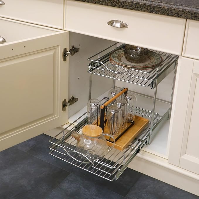 Sikarou Pull Out Cabinet Organizer 23" W x 21" D 2-Tier Individual Slide Out Drawer Pantry Shelf Storage for Kitchen Base Cabinet Organization for Kitchen, Bathroom, Pantry, Chrome