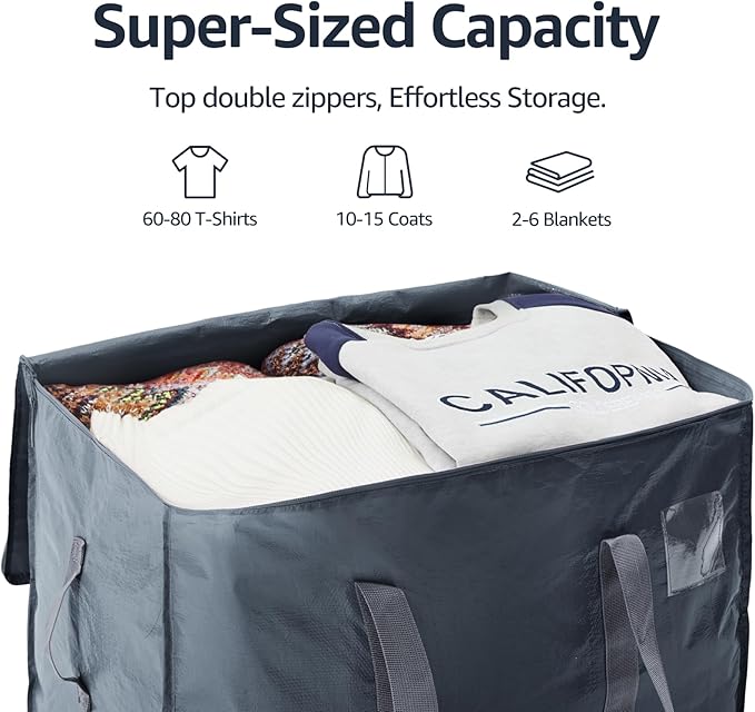 Moving Bags Heavy Duty Extra Large, Moving Boxes, Moving Supplies Essentials,Storage Bins with Lids, Plastic Packing Totes, Storage Bags for Clothes with Handles & Zippers(Grey, 4 Pack)