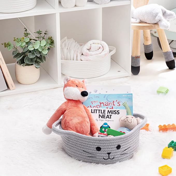 Small Woven Rope Storage Basket, Cute Cat Toy Basket for Living Room, Baby Baskets for Nursery, Gift Baskets Empty for Baby Shower, Grey, 9.8 x 4 inches