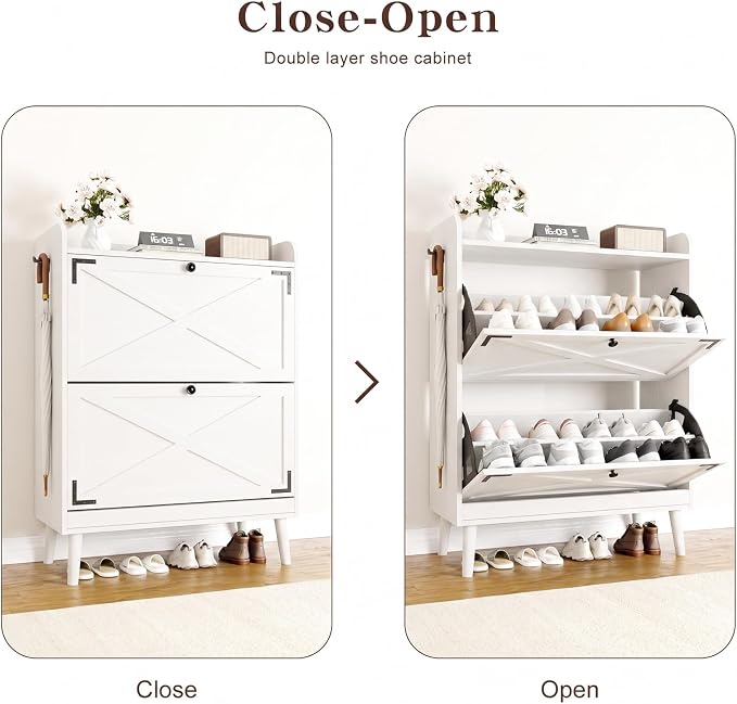 Shoe Storage Cabinet with 2 Flip Drawers & Adjustable Shelves, Freestanding Shoe Cabinet with Side Hooks Narrow Shoe Rack Cabinet for Entryway, Hallway, Rustic White