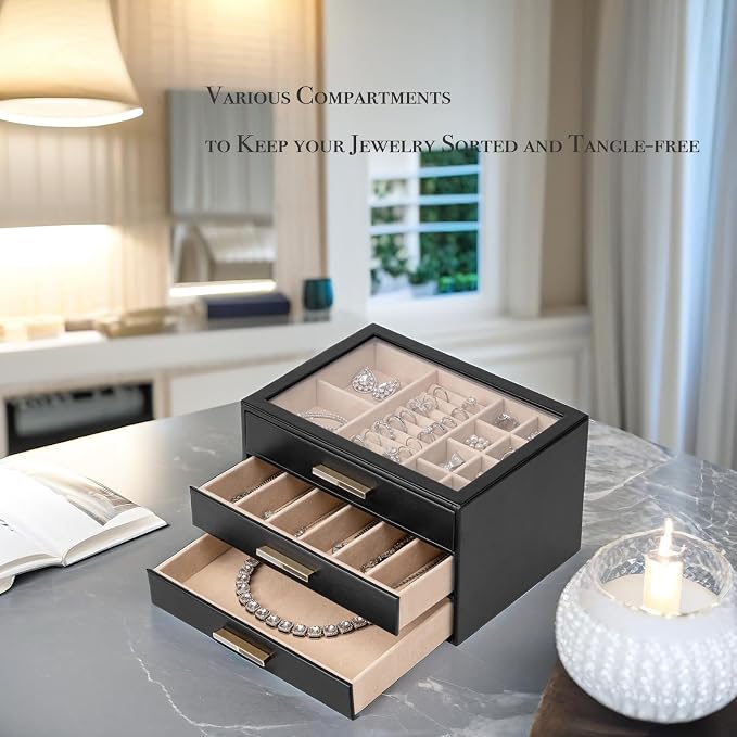 VLANDO 3-Drawer Jewelry Box with Glass Lid, Faux Leather Organizer for Rings Earrings Necklaces and More, Gift-Ready Jewelry Case for Women Girls or Moms, Black