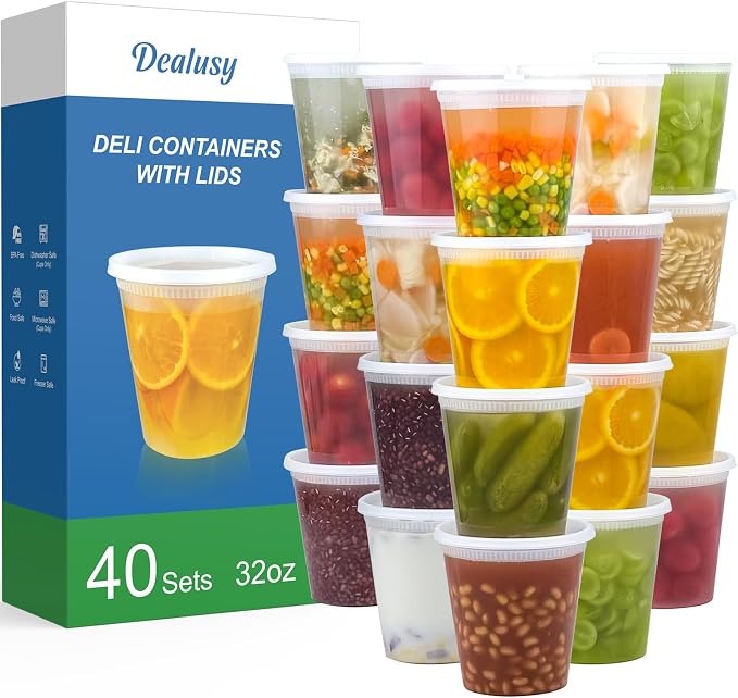 Dealusy 40 Set 32 oz Deli Containers with Lids, Leak-Proof BPA Free Plastic Take Out Bowls, Food Storage Containers for Takeout Meal Prep Storage, Freezer, Microwave & Dishwasher Safe