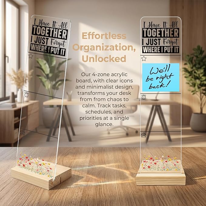 Sticky Note Holder, Monitor Memo Board, Acrylic Post It Note Holder with Wooden Base, Includes 200 Notes, Desk Organizer Funny Forgetful Quote