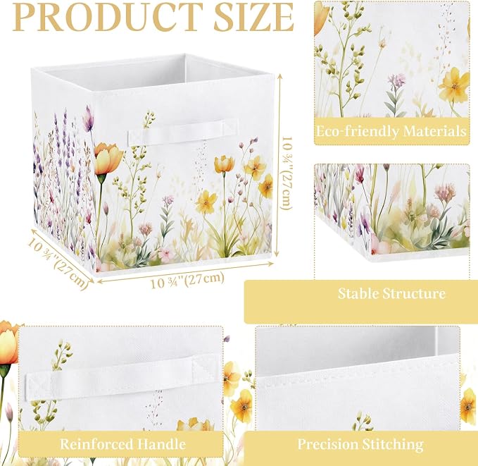 Geelin 6 Pcs WildFlower Cube Storage Bins 11 Inch White Storage Basket with Handle, Preppy Girls Organizer Basket, Collapsible Fabric Box for Classroom Bedrooms
