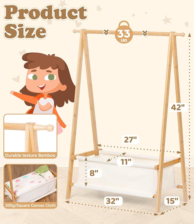 Kids Clothing Rack with Storage, Dress Up Rack, Child ClothesRack, Small Garment, for Costume, Bamboo (Natural Color)