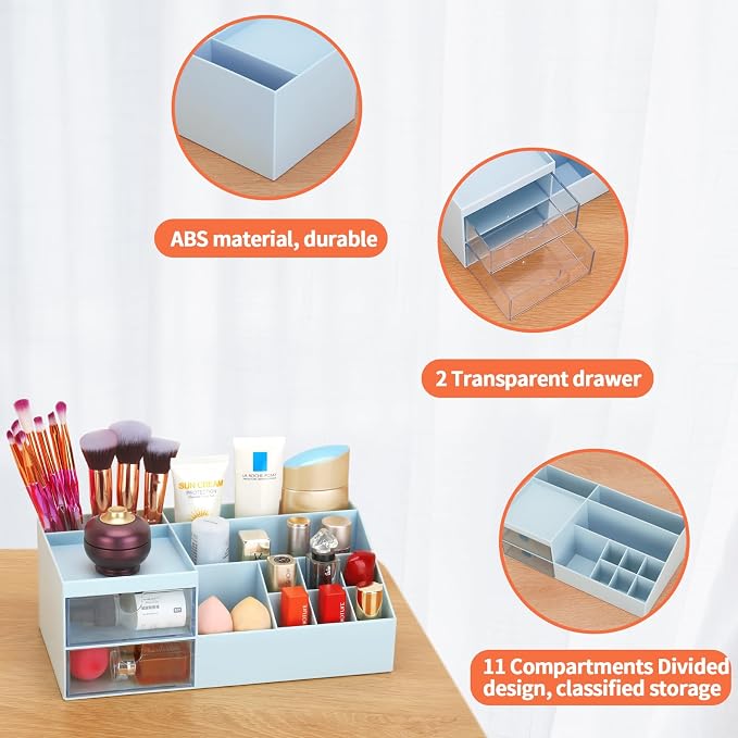 LETURE Desk Organizer, Cosmetic Makeup Vanity Organizer Box, Bathroom Counter Makeup Storage for Eyeshadows, Skin Care, Concealers, Powders, Nail Polish (Blue)