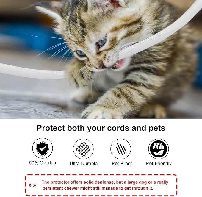 Secbolt Cord Protectors from Pets No Chew, 10ft - 3/8 inch Ultra Durable Cord Covers for Pets, Bite-Resistant Cable and Wire Protector for Cats, Dogs, Rabbits - White