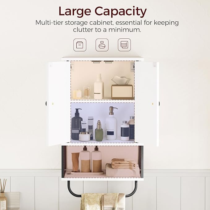 MAHANCRIS Bathroom Wall Cabinet with 2 Door and Adjustable Shelf, Farmhouse Medicine Cabinet with Towel Rack, 3-Tier Wall Mounted Storage Cabinet Over The Toilet for Bathroom Laundry Room, White