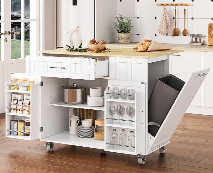 OtterOasis Kitchen Island with Storage, 43.3" Rolling Kitchen Island Cart on Wheels with Wide Drop Leaf Rubberwood Top, Large Mobile Island Table with Trash Can Storage and Towel Bar, White
