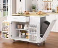 OtterOasis Kitchen Island with Storage, 43.3" Rolling Kitchen Island Cart on Wheels with Wide Drop Leaf Rubberwood Top, Large Mobile Island Table with Trash Can Storage and Towel Bar, White
