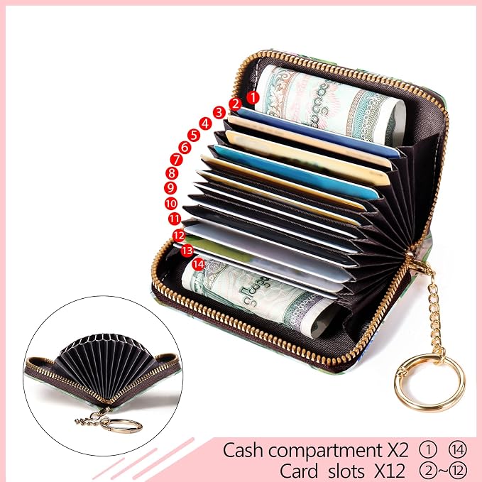 Blusabaca RFID Credit Card Holder Small Women Travel Wallet, Bird | Removable Keychain, Case with Zipper, Vegan PU Leather, Cash Coin Pocket, Business Accordion Purse, Ladies Female Gift