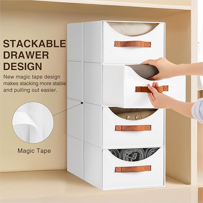 Homsorout Stackable Storage Drawers - Large Collapsible Storage Bins with Drawers, 6 Pack Closet Shelf Organizer Basket, Fabric Pull Out Organizer for Bedroom, Living Room, Dorm, White