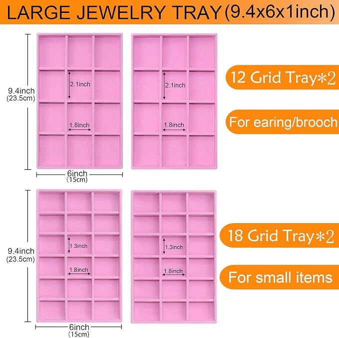 Stackable Jewelry Organizer Trays 8 Set, X-Large Jewelry Display Case Storage for Earring Necklace Rings Bracelet Watch with Removable Dividers
