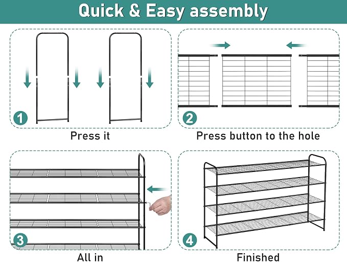 SLEEPING LAMB 4 Tier Long Shoe Organizer for Closet, Metal Shoe Rack Wide Shoe Storage Organizer 30-Pairs Shoe Shelf for Bedroom, Floor, Entryway (Black)
