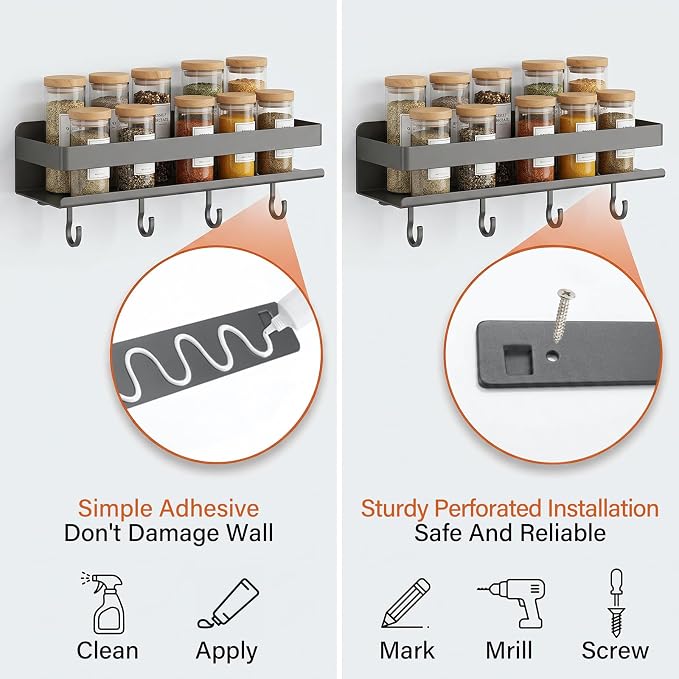 2-Pack Wall Mount Spice Rack,Easy to Install on the anywhere,Carbon Steel Kitchen Organizer with Hooks for Oil Salt Seasonings&Bathroom Toiletries,Grey