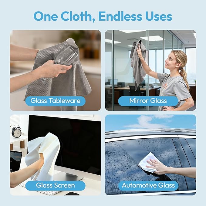 Microfiber Glass Cleaning Cloth 6 Pack, 15.5x15.5 Inch Blue Magic Cleaning Rags, Lint Free Streak Free Reusable Towels for Windows, Mirrors, Cars, Screens, Kitchen and Stainless Steel Surface