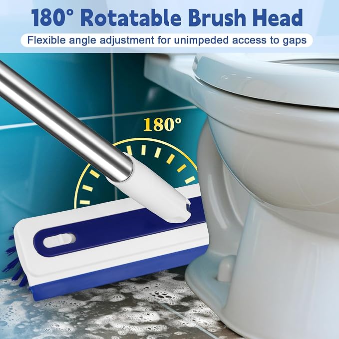 4-in-1 Floor Scrub Brush with Long Handle V-Shaped Crevice Brush Floor Scrubber Mop with Squeegee and Tweezer for Cleaning Gap Tile Bathroom Kitchen Patio Deck Garage