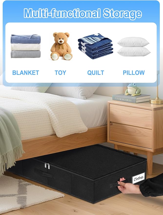 6.7-Inch Tall Under Bed Storage Bin with Zipper, Underbed Storage Container w/Rigid Sides & Bottom, Large Clothes Organizer Box for Bedroom, Dorm, Couch, Dressers, 30x15x6.7 Inches, Black
