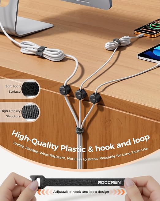 Rocoren 50 PCS Cable Management Kit, 10 Magnetic Rotatable Cable Clips & 40 Reusable Hook and Loop Cord Straps, Cord Holder Organizer Accessories for Under Desk, Nightstand, Home & Office