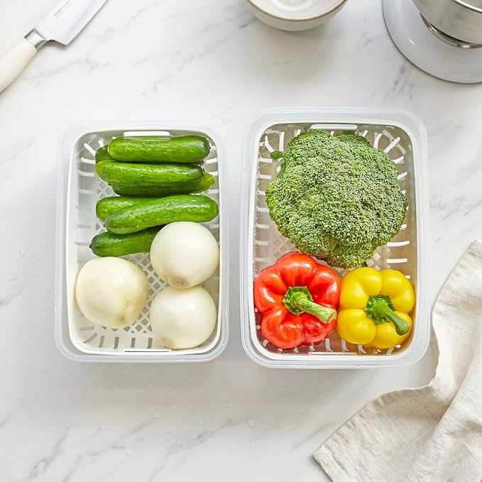 carrotez 3.0 Cup Produce Saver Container for Fridge with Colander - 700ml | Airtight Fruit & Vegetable Storage Bin, Removable Strainer Basket, BPA-Free, Stackable, White Colander