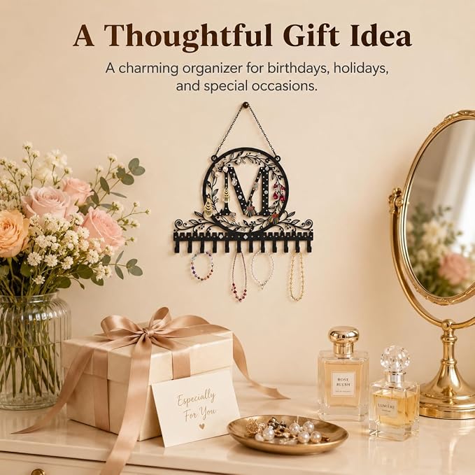 Personalized Wall Mounted Metal Initial Letter M Earring Holder Jewelry Organizer for Earrings and Necklaces Space Saving Wall Display with Hooks Jewelry Storage Bedroom Vanity Gift for Women