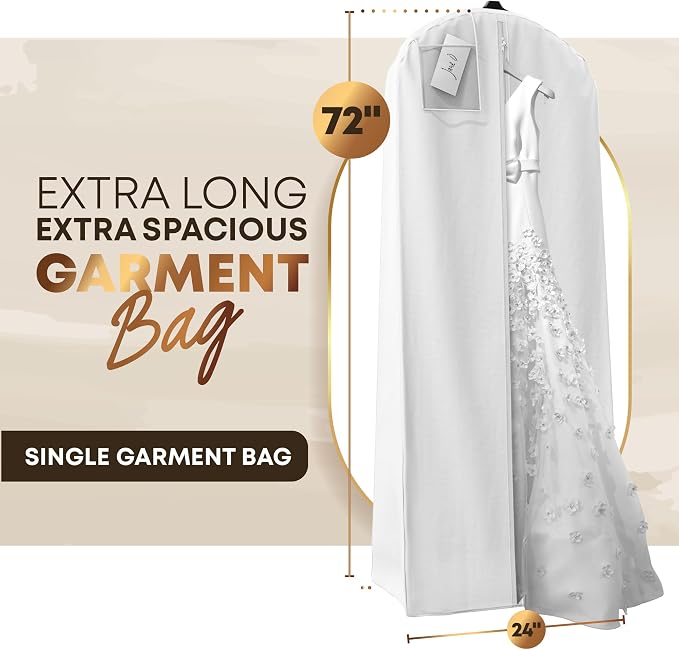 Your Bags Wedding Dress Garment Bag - Garment Bags for Travel & Hanging Clothes or Storage Preservation - 72" Wedding Dress Bag for Gowns Long with 20" Gusset for Puffy Bridal Gowns Cover - White