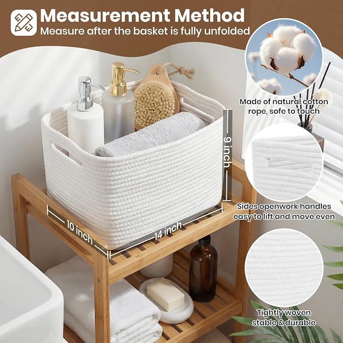 Storage Baskets for Organizing, 14 x 10 x 9” Closet Shelf Woven Baskets, Square Bins with Handles, Cotton Rope Basket for Clothes, Office, Room, White 1 Pack