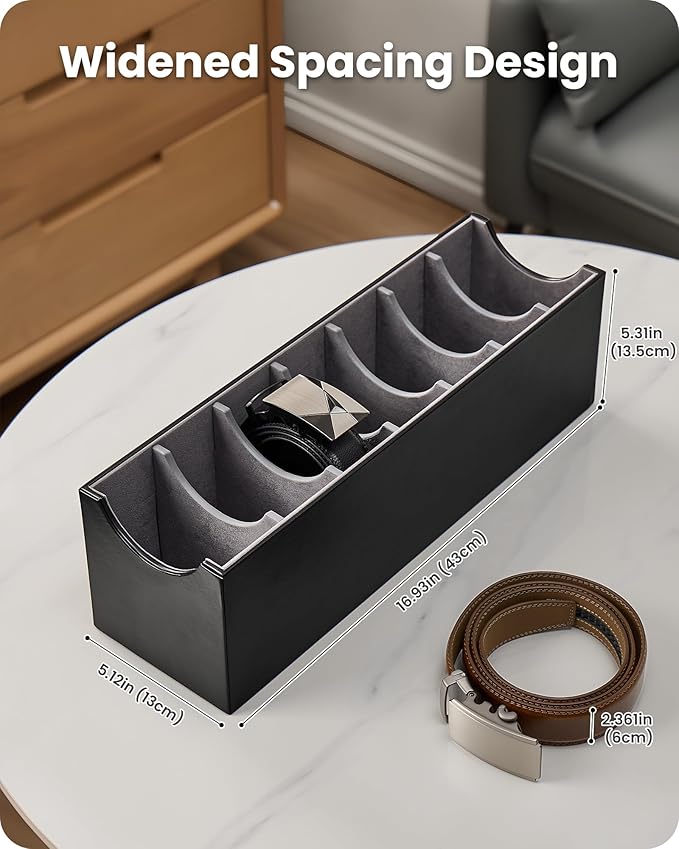 Lolalet Belt Organizer for Closet, Belt Box & Storage Drawer -Black | PU Leather Belt Holder with 7 Extra-Wide Compartments, Soft Lining, Fits Entryway Cabinet, for Men & Women, 1 Pack