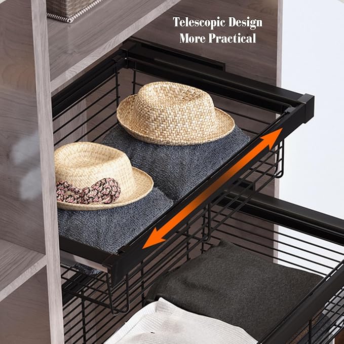 Closet Pull-Out Basket,Stackable Shelf Baskets Organizer,Aluminum Alloy and Stainless Steel Stackable Storage Bins,for Office Bathroom Bedroom(26.14-28.11in)