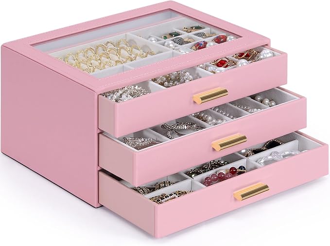 AKOZLIN Jewelry Box with Clear Lid Functional Leather Jewelry Storage Organizer Case 3 Drawers for Women Girls Necklace Ring Bracelet Earring