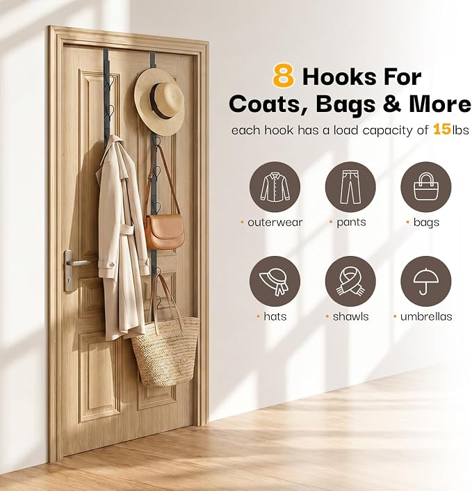 TOMIR Over The Door Hooks 2 Pack, Metal Long Hooks for Hanging, Behind Door Towel Rack, Purse, Coat Hanger, Non-Slip Pads with Suction Cups, Space-Saving Vertical Organizer, 37.2 Inches Black