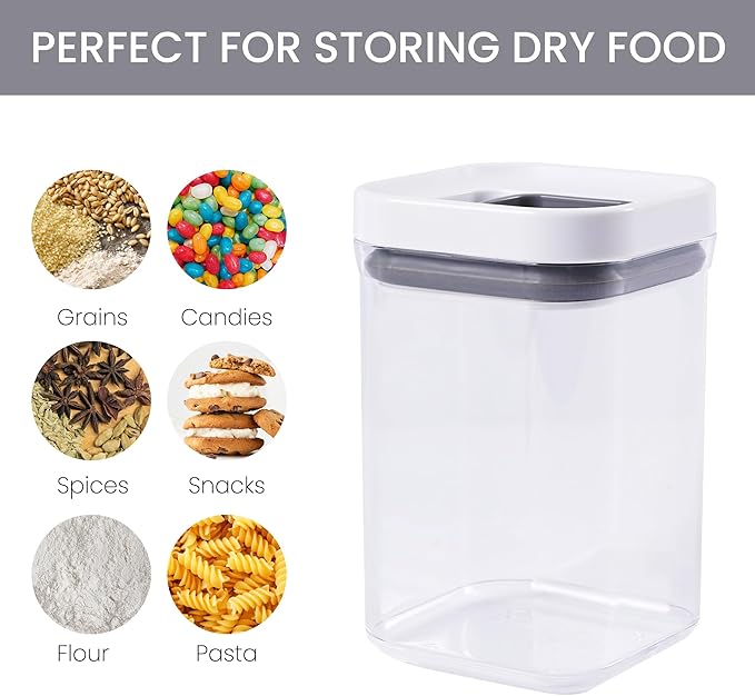 LISI One-Touch Seal Food Storage Containers with Lids, Airtight Stackable BPA-Free Plastic Pantry Canisters for Kitchen Organization, Includes Labels, Marker, Cups & Brush