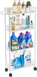 Utility Slim Storage Cart, 4-Tier Storage Cart, Narrow Cart with Handle, 7.1 Inches Deep, Metal Frame, for Kitchen, Dining Room, Living Room, Home Office, Rustic Brown and Classic (4 Tier White)