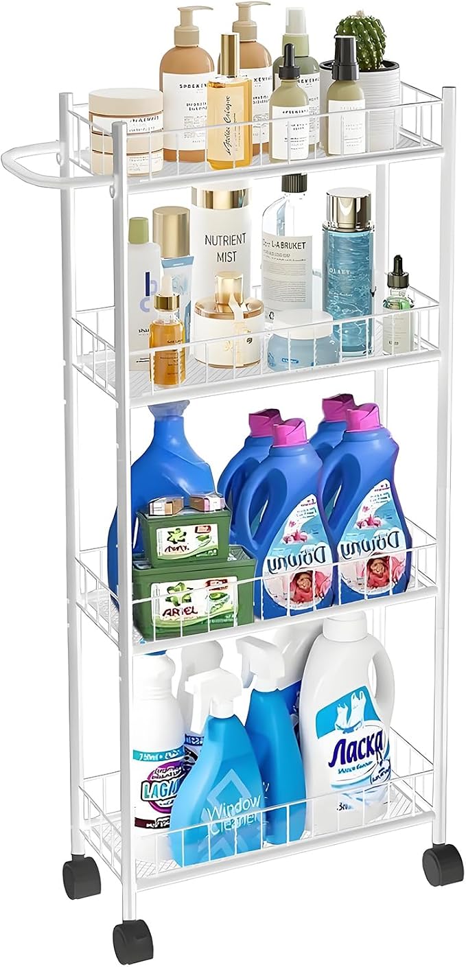 Utility Slim Storage Cart, 4-Tier Storage Cart, Narrow Cart with Handle, 7.1 Inches Deep, Metal Frame, for Kitchen, Dining Room, Living Room, Home Office, Rustic Brown and Classic (4 Tier White)