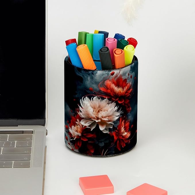 Vintage Red and White Flower Pen Holder Pencil Organizer for Desk, 3.1” x 3.1” x 3.9” Pencil Cup Office Supplies, Large Capacity Cute Pen and Makeup Brush Holder for Home, School, Desktop