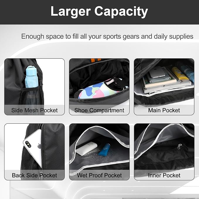 Hoedia Sports Drawstring Backpack - Swim Gym Bag for Women and Men | String Bag with Shoes Compartment and Wet Proof Pocket, Adjustable Wider Shoulder Strap, For Soccer, Basketabll, Volleyball