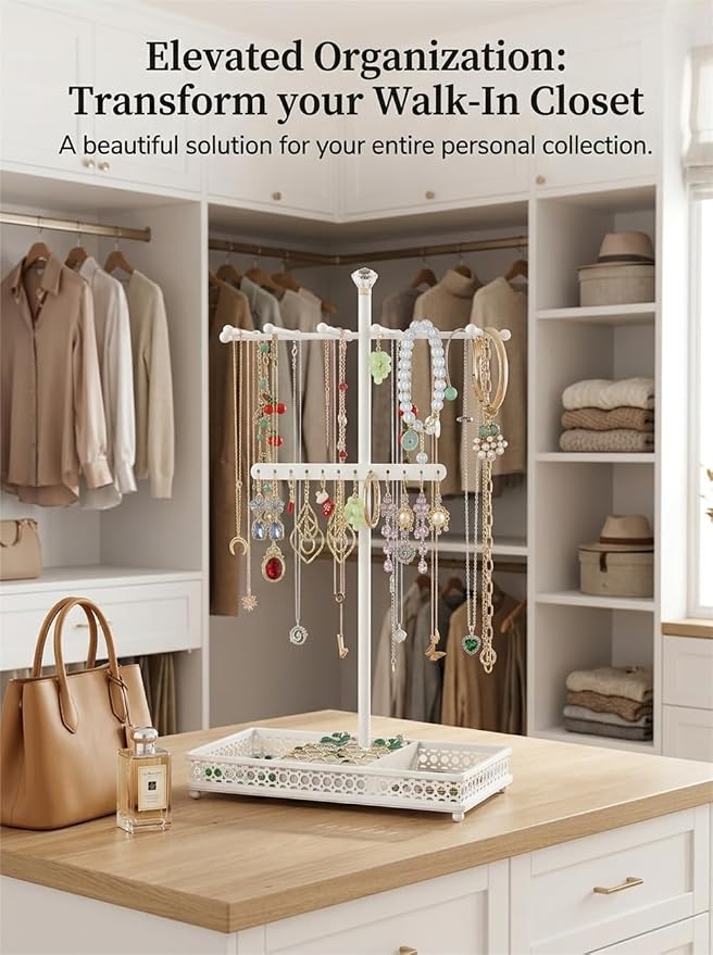 Meangood Jewelry Organizer Stand, 15.6" H Jewelry Tree Display Holder Stand for Bracelets Necklaces Earrings Rings, Gift for Women Girls (White)