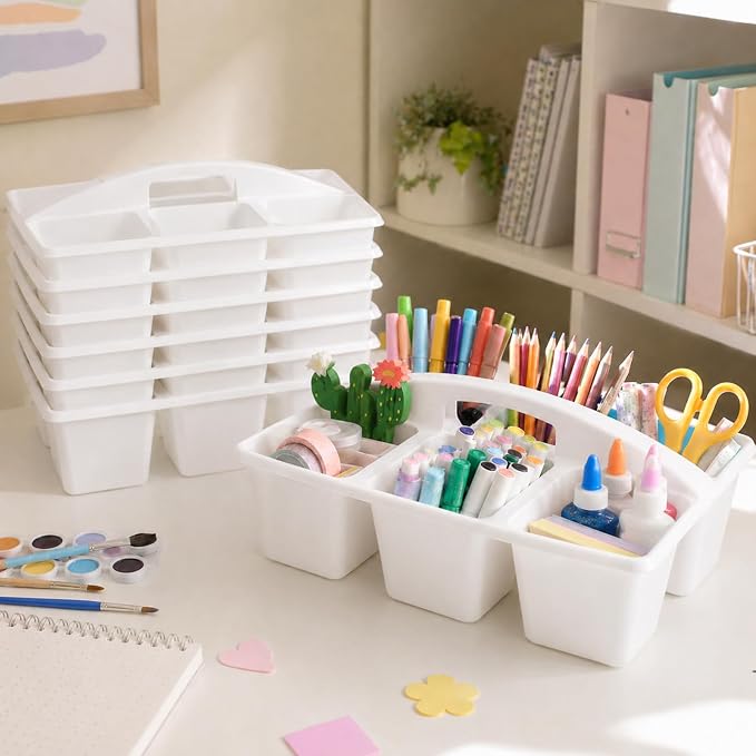 gisgfim 6 Pack Plastic Classroom Caddy with 6-Compartments Plastic Storage Caddies with Handle 6 Compartments Table Caddy Organizer Versatile Table Caddies for Classroom Office Storage, White