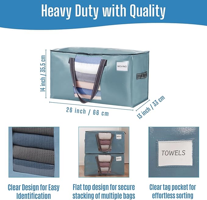 VENO 4 Pack Heavy Duty Moving Bags, Clothes and Comforter Storage Bags with Clear Window, College Dorm Essentials Packing Supplies, Foldable Boxes Alternative (Shiny Light Blue, 4 Pack)