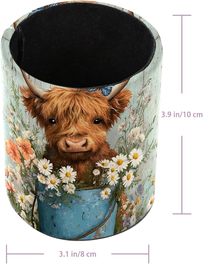 Faux Leather Pen Holder for Desk, Pencil Organizer Highland Cow and Bucket Pen Cup Desk Decor Makeup Brush Holder Storage for Office Home