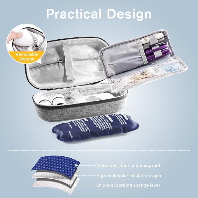 ProCase Insulin Cooler Travel Case for Diabetes -Grey | Temperature Display, TSA Approved, 2 Reusable Ice Packs, Cold Storage Organizer Bag for Insulin Pens & Medicine